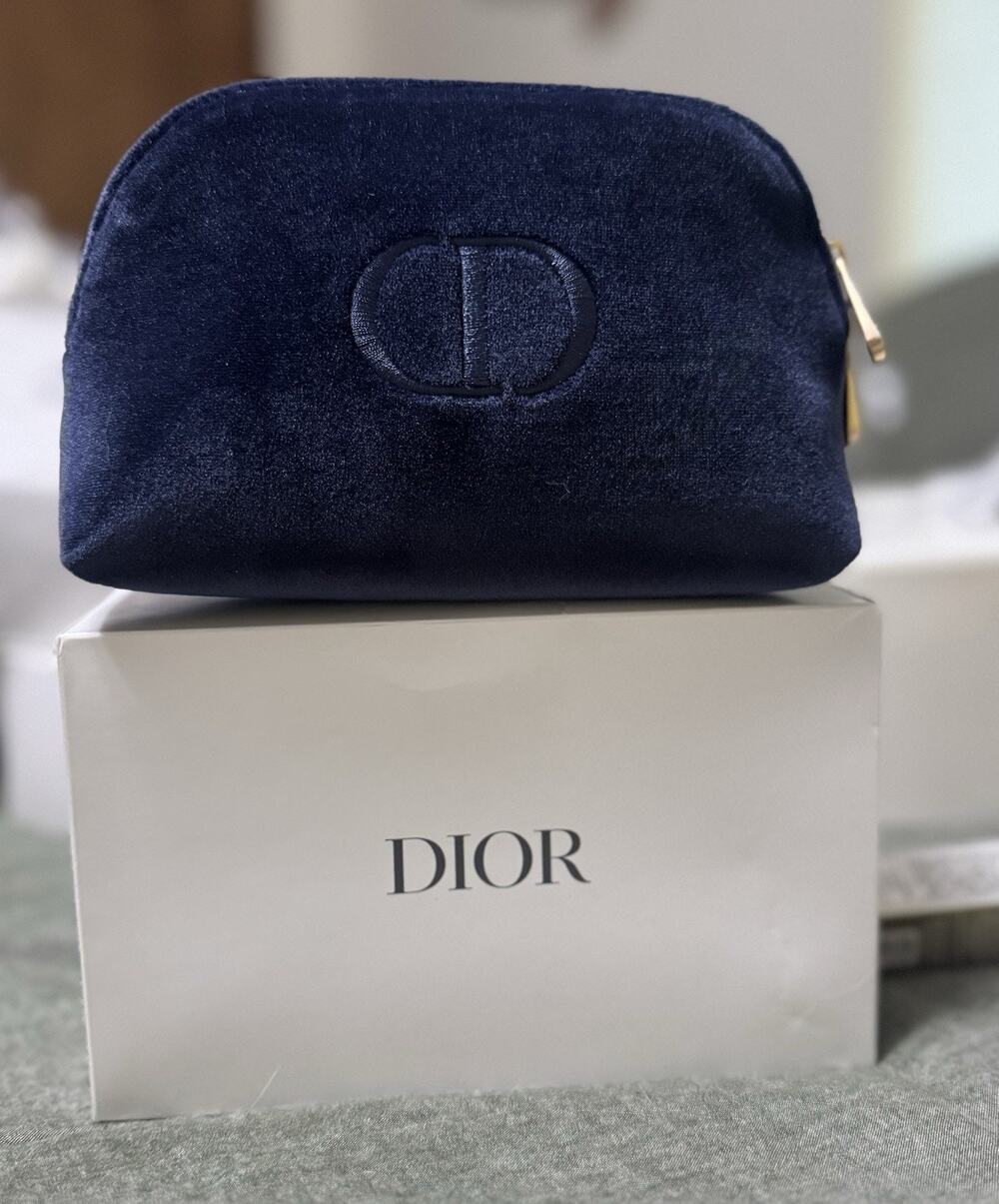 DIOR Beauty CD Logo Elegant Blue Velvet Clutch Cosmetic Bag Makeup Pouch NIB!